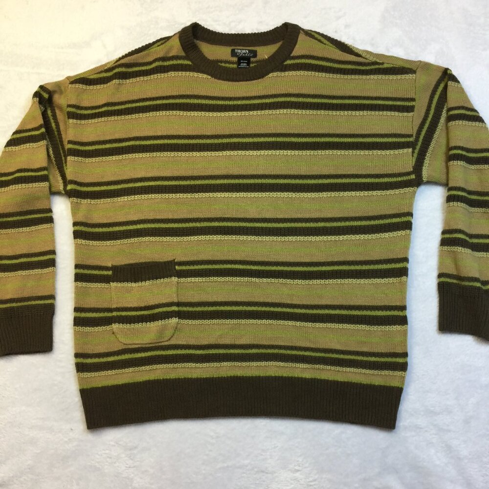 New! Thorn & Fable Sweater M Men’s Green Brown Striped Pocket Long Sleeve